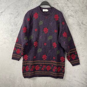 Vintage 90s Floral Wool Knit Sweater Made In Italy Crewneck Large Romantic Cozy